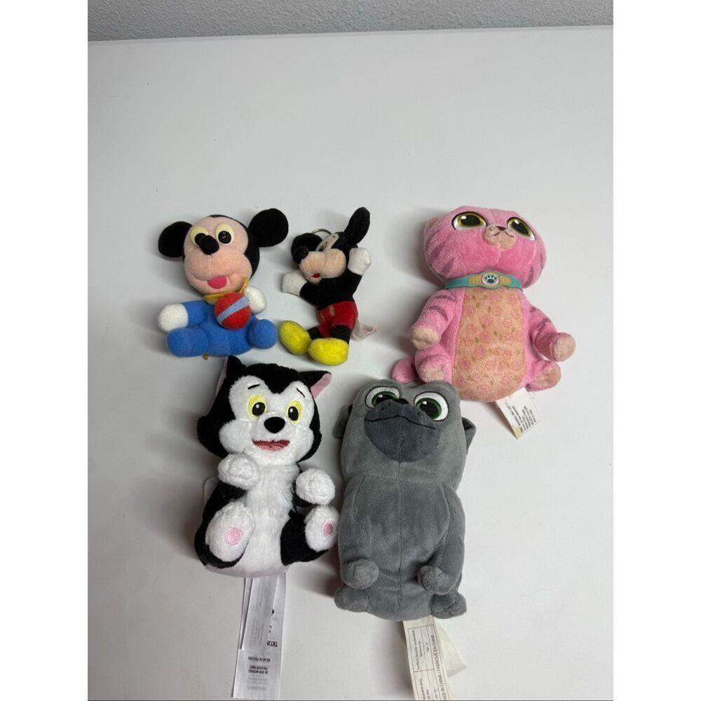 Disney Set of 5 Plush Toys Mickey Mouse Bingo Whispers Figaro See Notes
